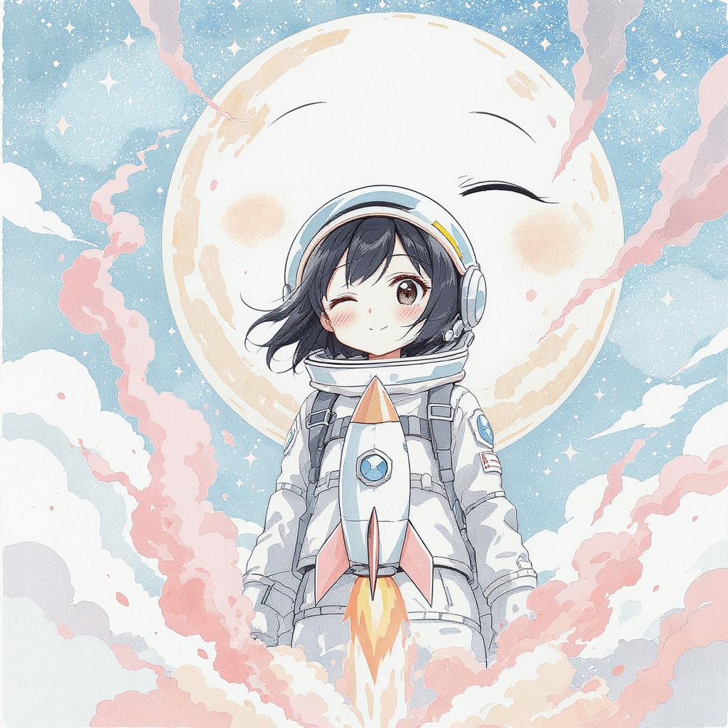 Cover of Aiko's Moon Mission — a manga panel grid with a rocket launch and a close-up hero face.